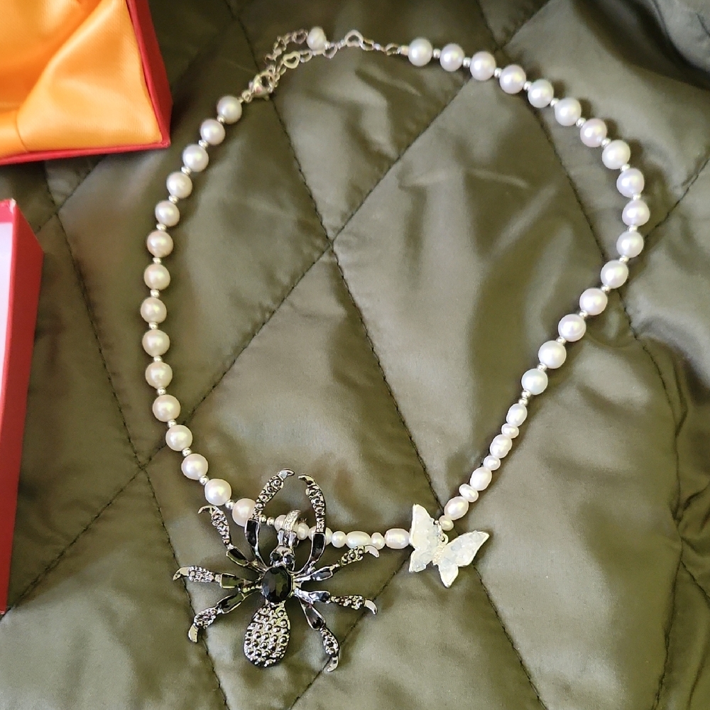 Elegant Silver and White Spider Pendant Necklace